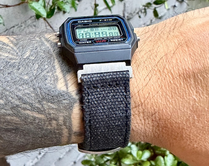 Charcoal Canvas Watch Band for Casio F-91W, A158W and Royale, 20mm Strap, 18mm Adapters