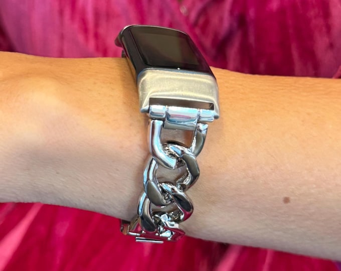 Women Fitbit Charge 6 Band Silver Chain Bracelet Jewelry, Adjustable Links Metal Wristband