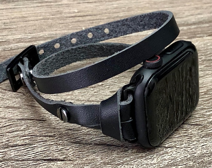 Black Leather Apple Watch Band - Double Wrap iWatch Strap Bracelet - 41mm/42mm/45mm/46mm - Black Accents Watch Strap - Slim Watch Band