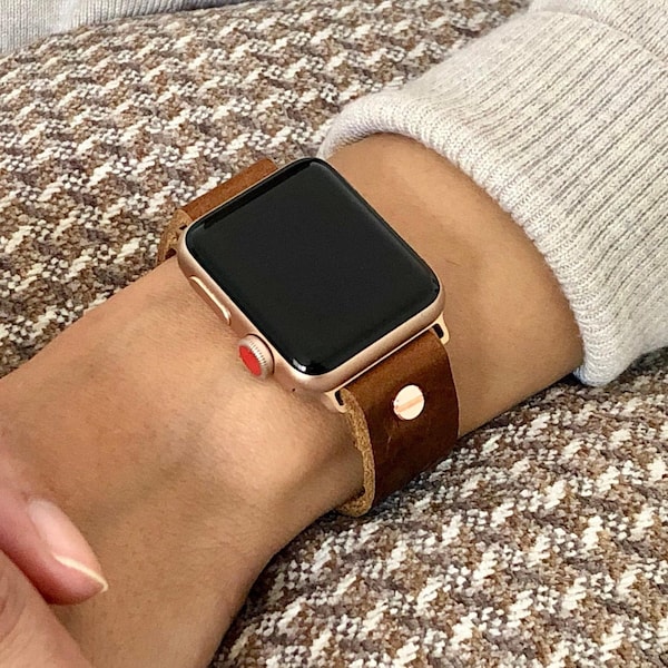 Grain Leather Apple Watch Band: Adjustable iWatch Strap, Rose Gold Bracelet