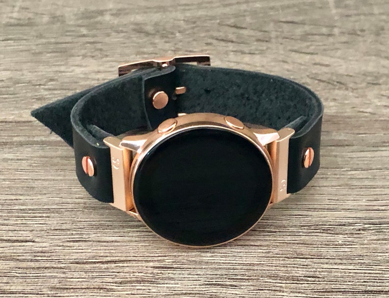 Black Leather Rose Gold Samsung Galaxy Active Band, Rose Gold Galaxy Watch Active2 Bracelet 40mm 44mm, Rose Gold Watch Band Watch Wristband image 8