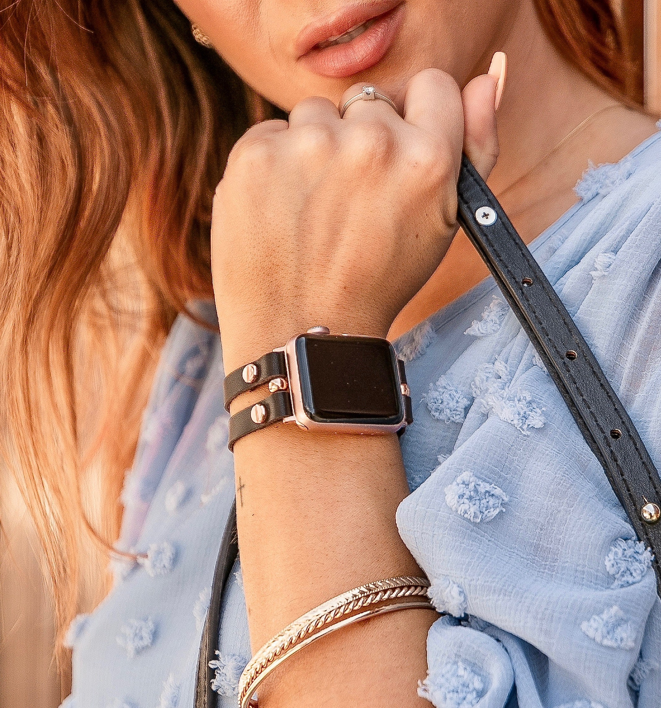 Italian Leather Apple Watch Bracelet 38mm 40mm 42mm 44mm Rose Gold