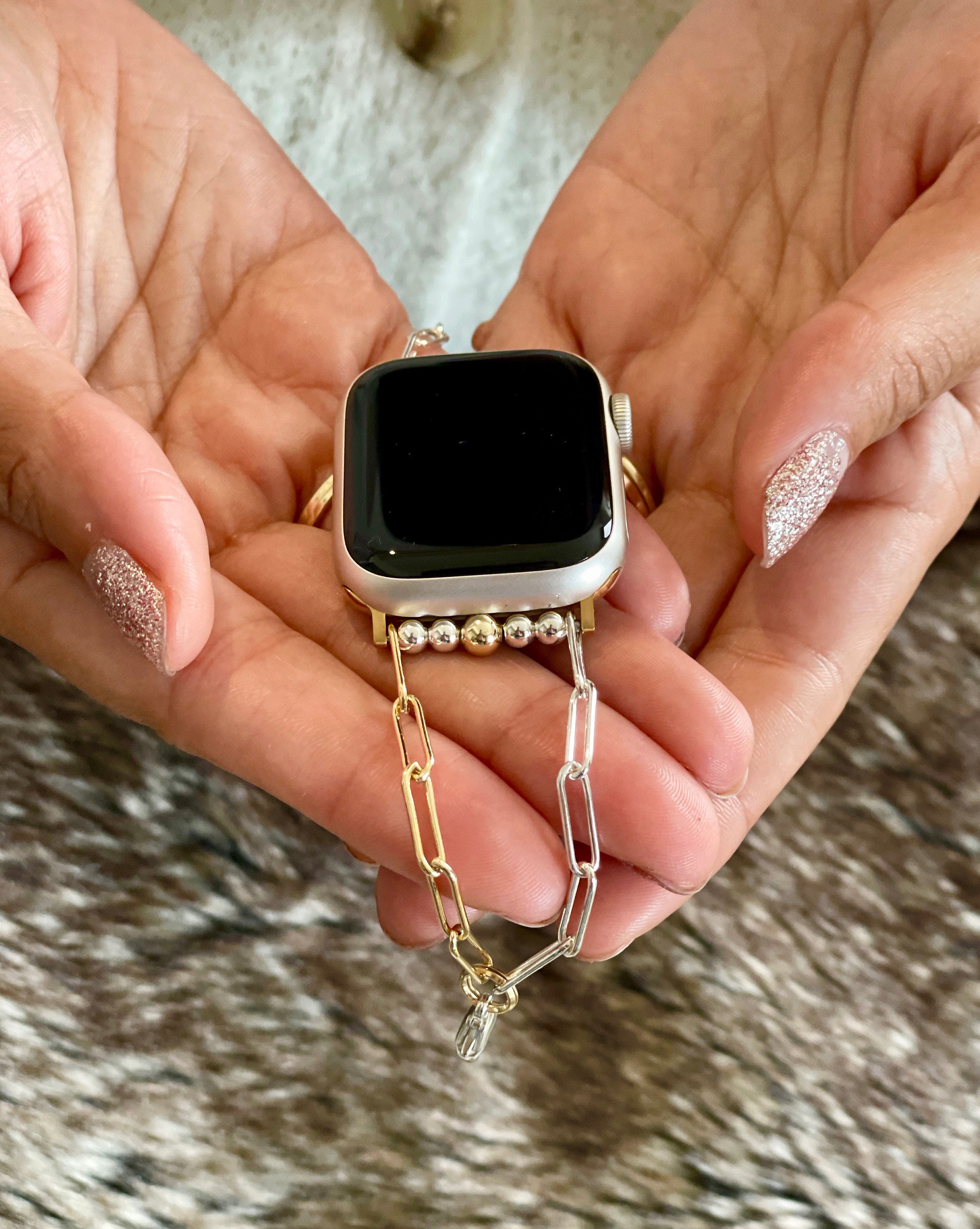 Two Toned 925 Silver & 14K Gold Filled Apple Watch Band, Paperclip Chain Watch Band, Women Apple