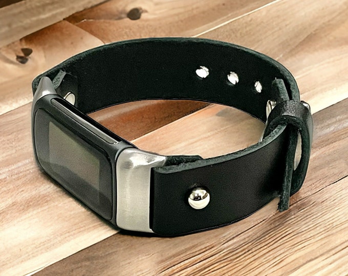 Black Leather Fitbit Charge 6 Band Silver Accents, Fitbit Charge 6 Strap, Unisex Fitbit Charge 6 Cuff Band, Classy Fitbit Charge 6 Armband