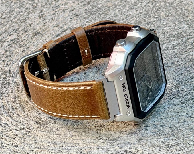Rustic Leather Watch Band Strap for Casio AE1200WHD-1A, Adjustable Size Bracelet
