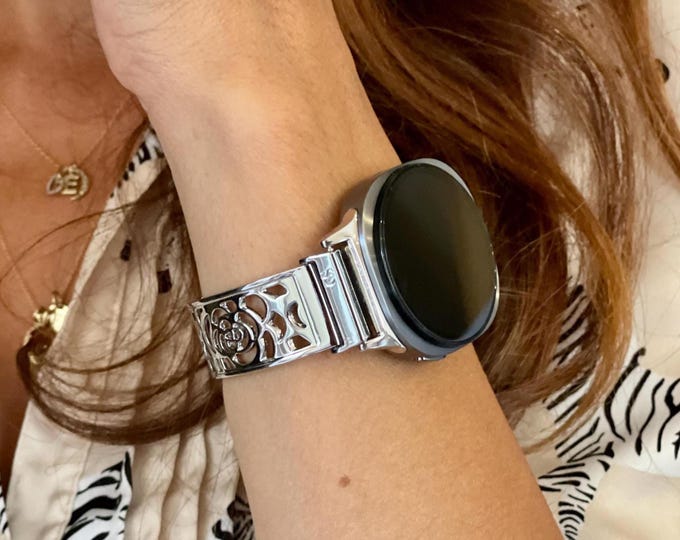 Silver Metal Galaxy Watch 8 Band Women Bracelet, Adjustable Links Strap, 8 Classic Bangle