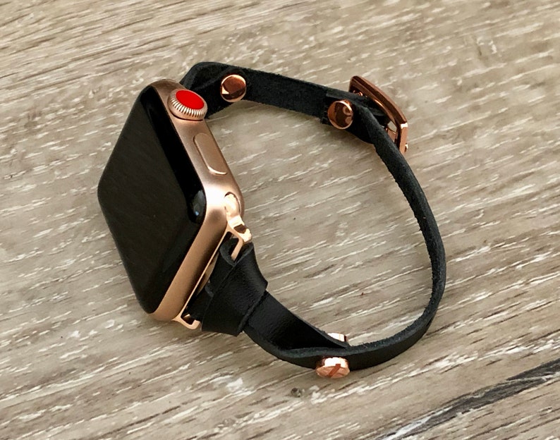 Rose Gold Apple Watch Band Black Leather Bracelet 38mm 40mm Etsy