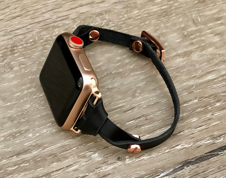 APPLE WATCH BAND Skinny Black Leather Strap Bracelet, 38mm 40mm 41mm 42mm 44mm 45mm, Women Style iWatch Strap Bands, Slim Leather Watch Wrap image 7