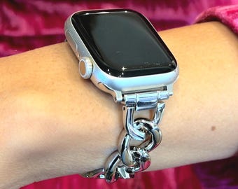Correa para Apple Watch, brazalete de cadena de metal plateado brillante, correa con eslabones ajustables (38 mm-49 mm Ultra)