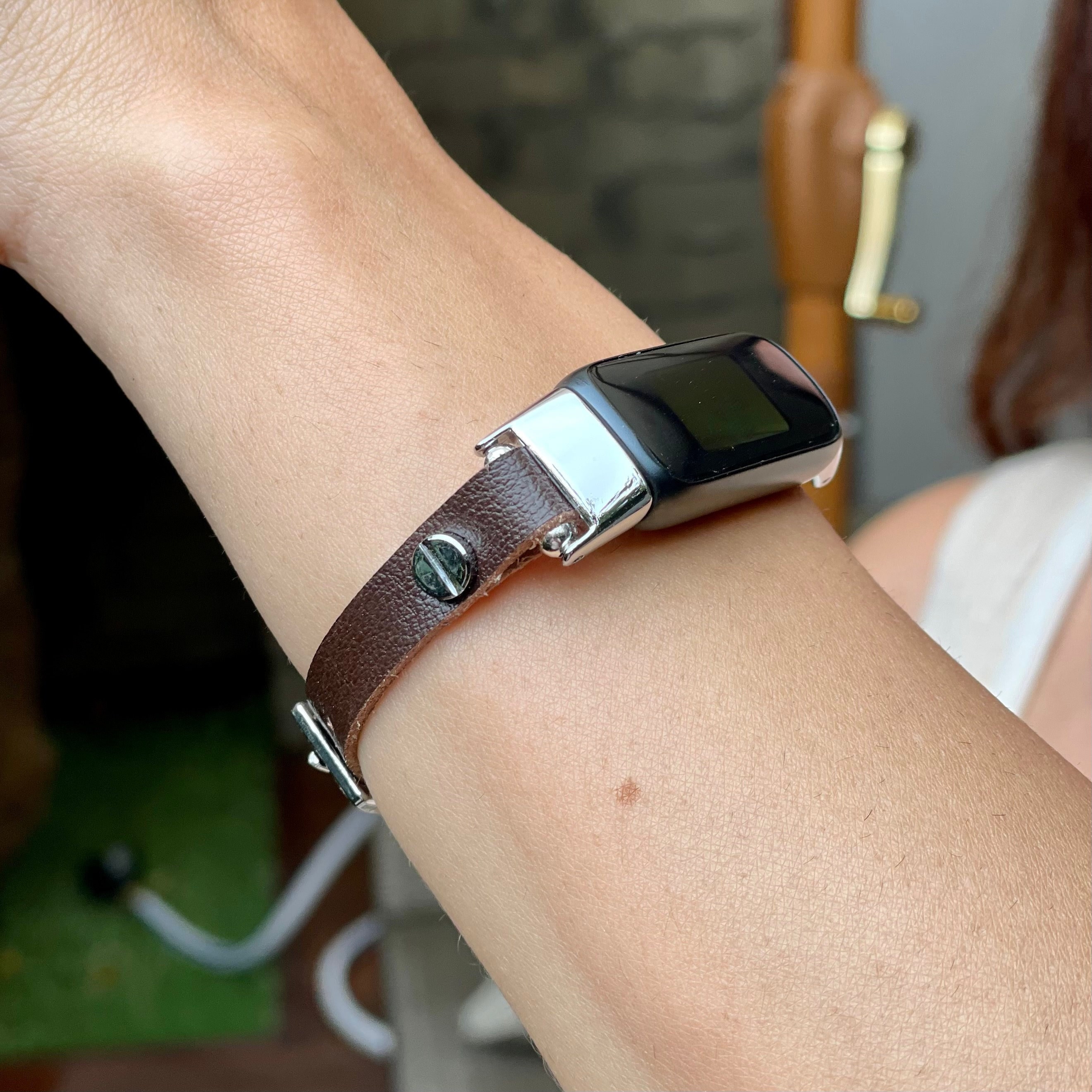 Handmade Fitbit Luxe Band Slim Black Leather & Gold Bracelet