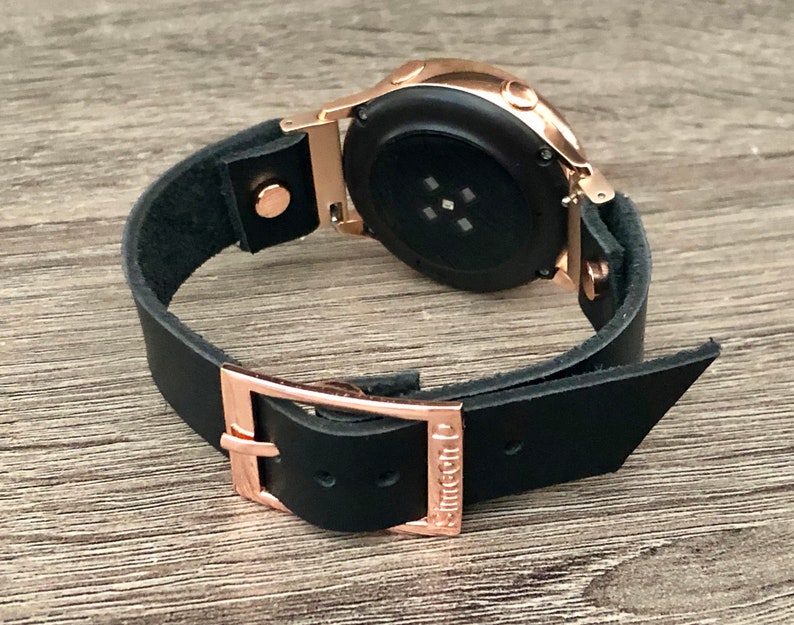 Black Leather Rose Gold Samsung Galaxy Active Band, Rose Gold Galaxy Watch Active2 Bracelet 40mm 44mm, Rose Gold Watch Band Watch Wristband image 6