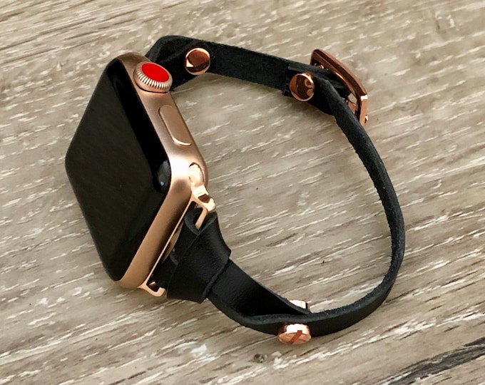 Slim Black Leather & Rose Gold Apple Watch Band 41mm 45mm Women iWatch Strap 38mm 40mm 44mm 42mm Ultra 2, Minimalist Classy Watch Bracelet