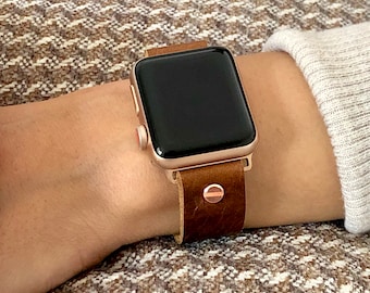 Rose Gold & Brown Leather Apple Watch Band 38mm 40mm 41mm 42mm 44mm 45mm iWatch Bracelet Adjustable Grain Leather Wristband iWatch Strap