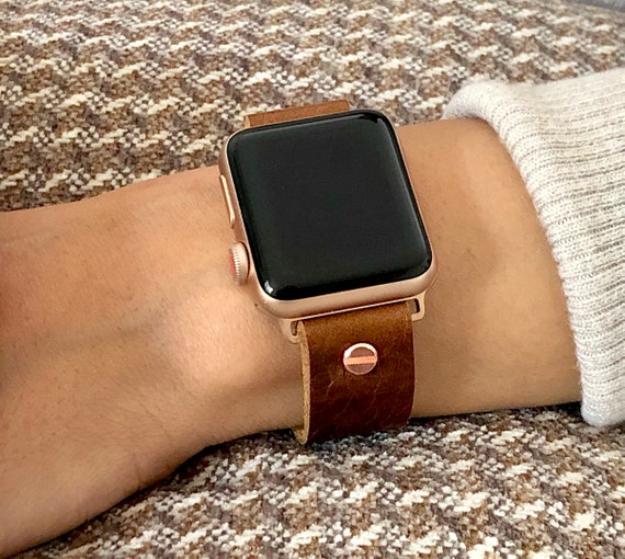 Rose Gold & Brown Leather Apple Watch Band 38mm 40mm 41mm 42mm 44mm 45mm Iwatch  Bracelet Adjustable Grain Leather Wristband Iwatch Strap - Etsy