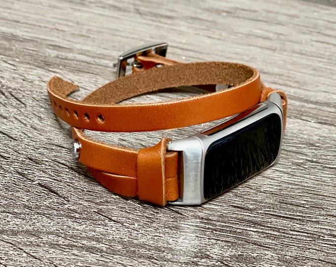 Brown Leather Fitbit Charge 6 Band: Slim Double Wrap Strap, Silver Accents Bracelet
