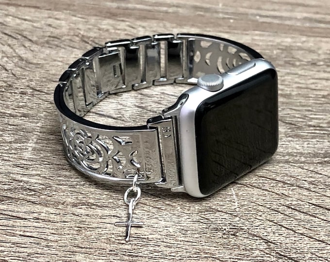 Silver Apple Watch Band Women 38mm 40mm 41mm 42mm 44mm 45mm Slim Cross Pendant Apple Watch Bangle iWatch Band Adjustable Metal Links Jewelry