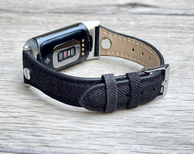 Black Fitbit Charge 6 Band Silver Cloth Leather Strap Bracelet