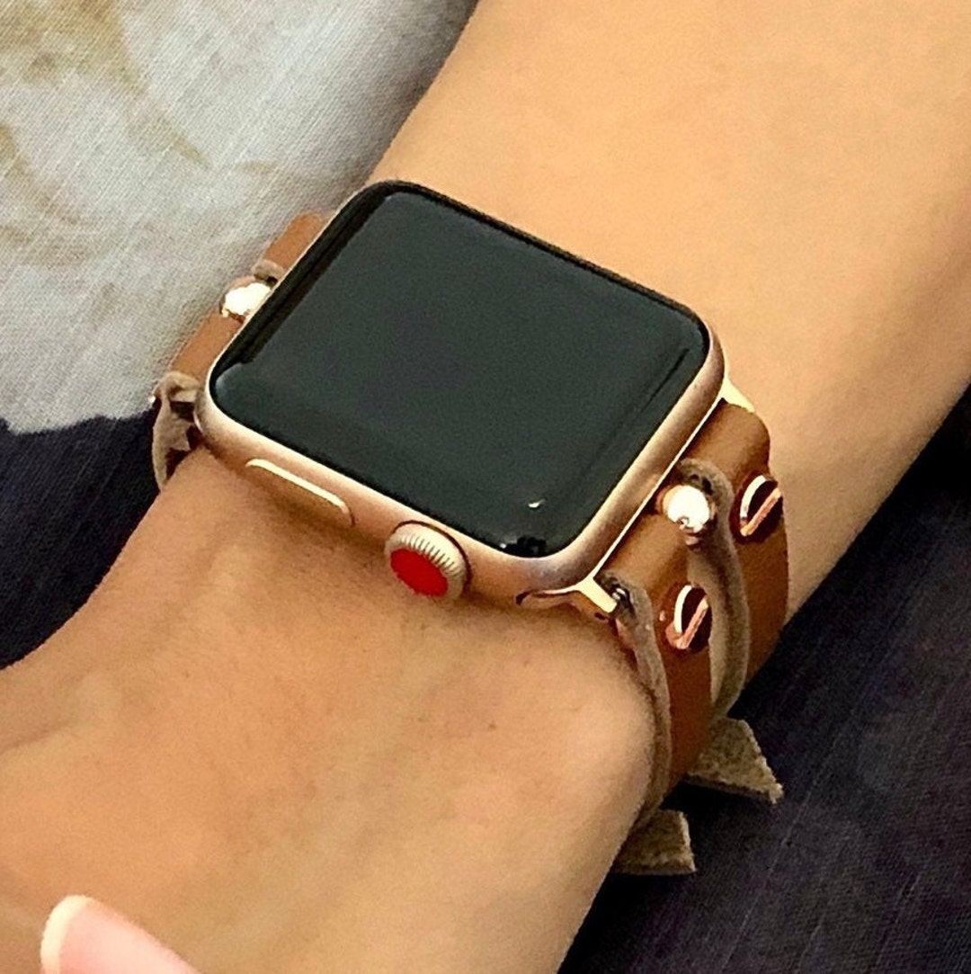 Double Strap Dark Brown Leather Apple Watch Series 7 RoseGold Jewelry Bracelet Dark Brown Leather Apple Watch Band: Double Strap with Rose  main image 4
