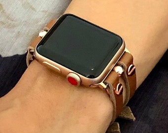 Brown Leather & Rose Gold Apple Watch Band Women iWatch Strap Bracelet Jewelry, Double Straps Watch Cuff Armband, Gift For Her Bracelets