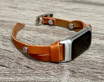 Brown Leather Fitbit Charge 6 Band: Silver Accents Bracelet, Slim Fit Strap