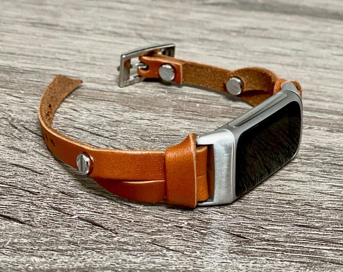 Brown Leather Fitbit Charge 6 Band: Silver Accents Bracelet, Slim Fit Strap