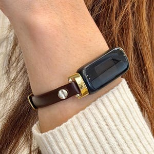 Dark Brown Leather Fitbit Inspire 3 Band, Slim 8mm Bracelet Strap for Women, Gold