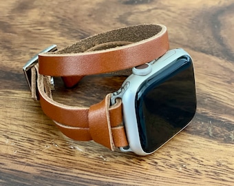 Double Wrap Brown Leather Apple Watch Band with Silver Accents