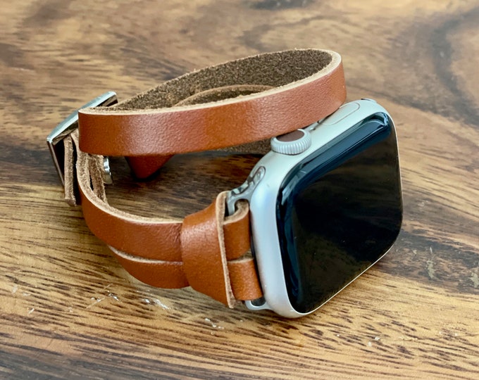Double Wrap Brown Leather Apple Watch Band, 38mm 40mm 41mm 42m 44mm 45mm Ultra, Apple Watch Strap, Apple Watch Bracelet, Apple Watch Armband