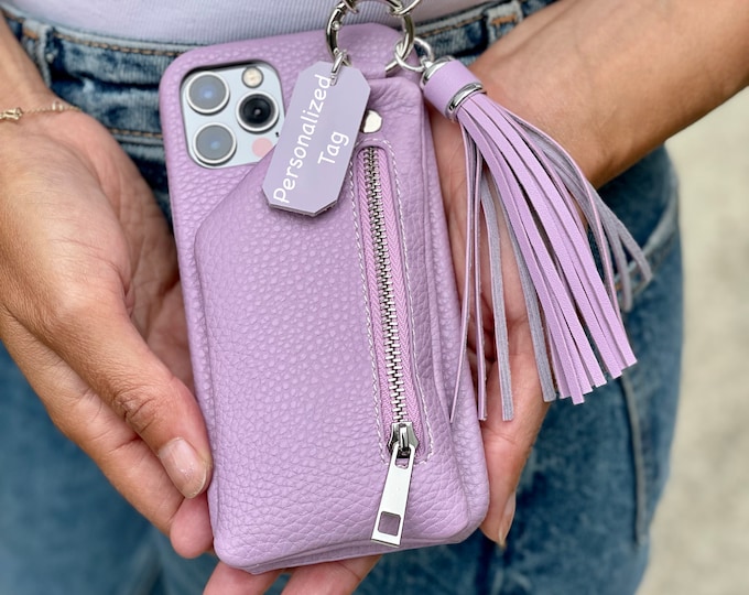 Personalized Leather iPhone 16 Case 15, 14, 13, 12 Pro Plus Max,  Purple Crossbody Shoulder Strap with Tassel and Zipper Wallet