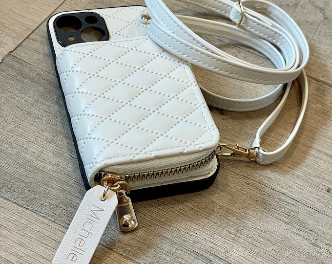 Shoulder Strap iPhone Case for 12/13/14/15 - Pro, Plus, Max - Personalized Crossbody White Leather Phone Case Zipper Wallet, Gift for Her