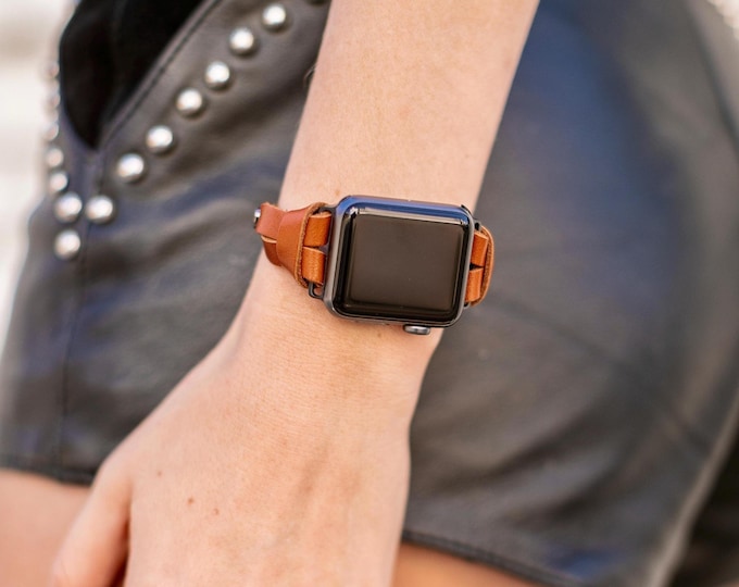 Slim Leather Apple Watch Band Light Brown Strap, Minimalist Women's Bracelet