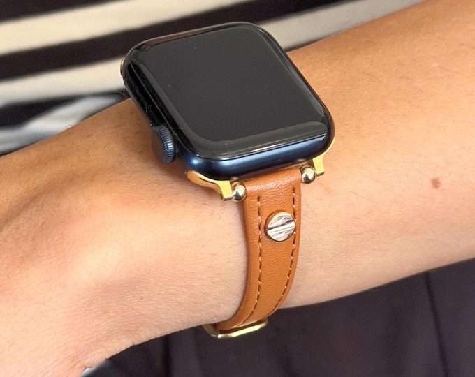 Slim Brown Leather Apple Watch Band for Women, Adjustable Bracelet Strap, Gold or Silver