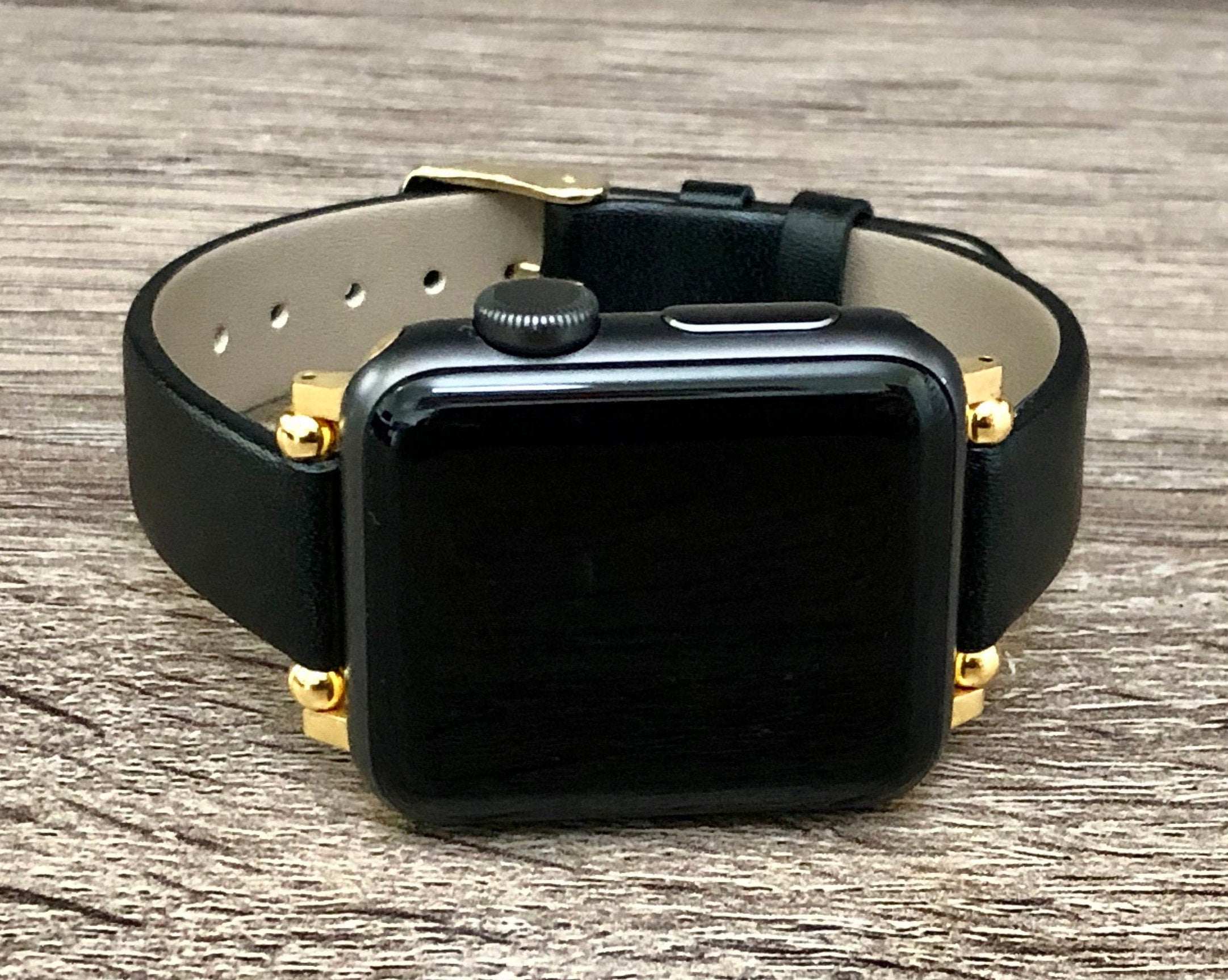 Black Leather & Gold Apple Watch Band 38mm 40mm 42mm 44mm Slim Etsy