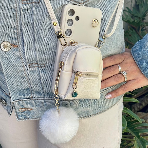Chic White Leather Crossbody Phone Case with Strap & Pompom Charm for Samsung Galaxy S 24, S24 Plus, Ultra, Secure Wallet Shoulder Purse Bag