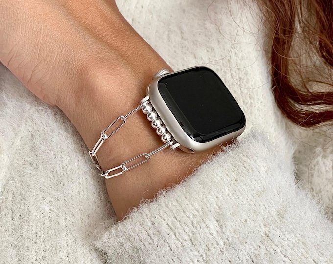 925 Sterling Silver Apple Watch Band Paperclip Chain Strap Bracelet, Custom Women Jewelry