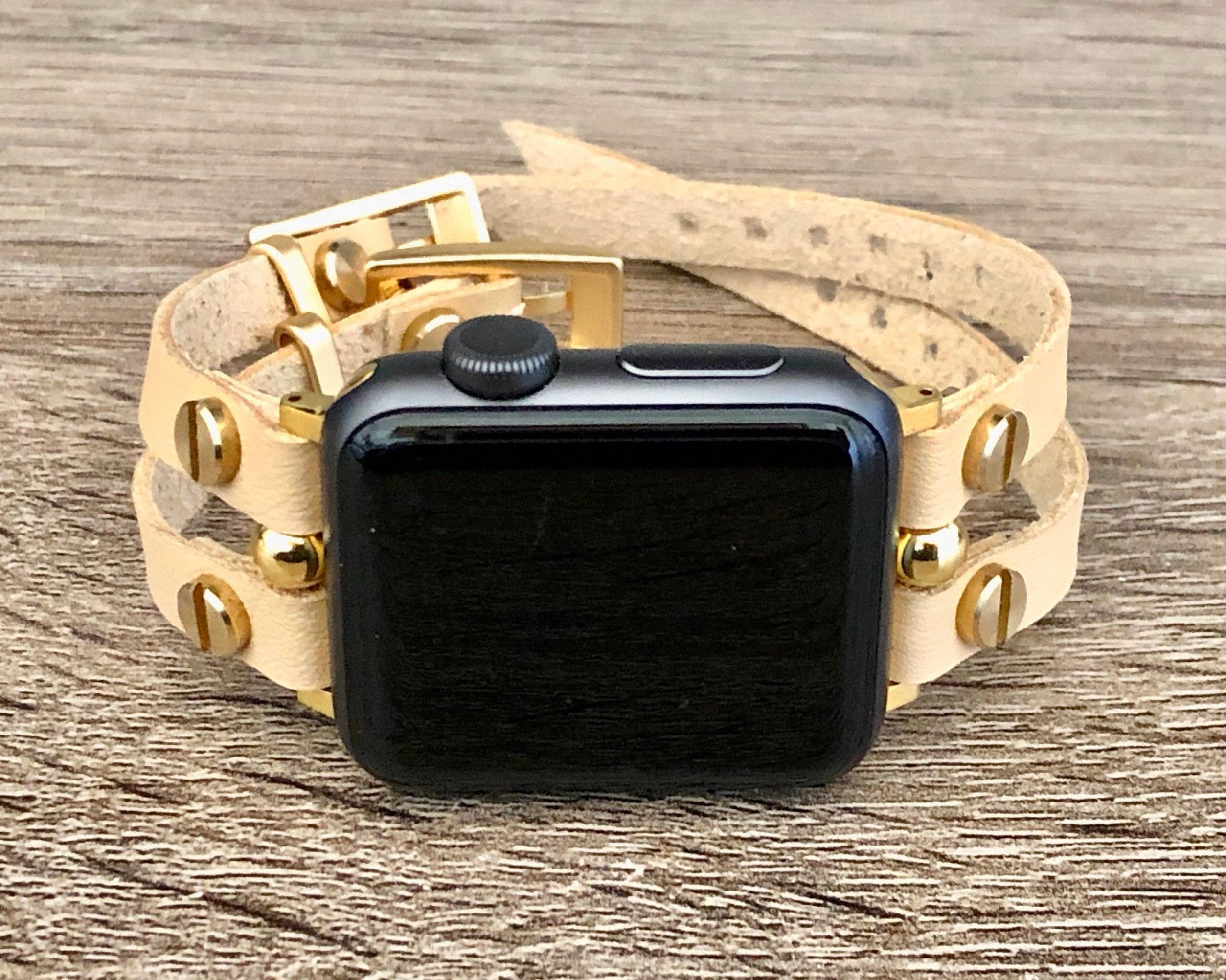 Vegan Leather Apple Watch Bracelet Cream Color & Gold Apple Watch Band