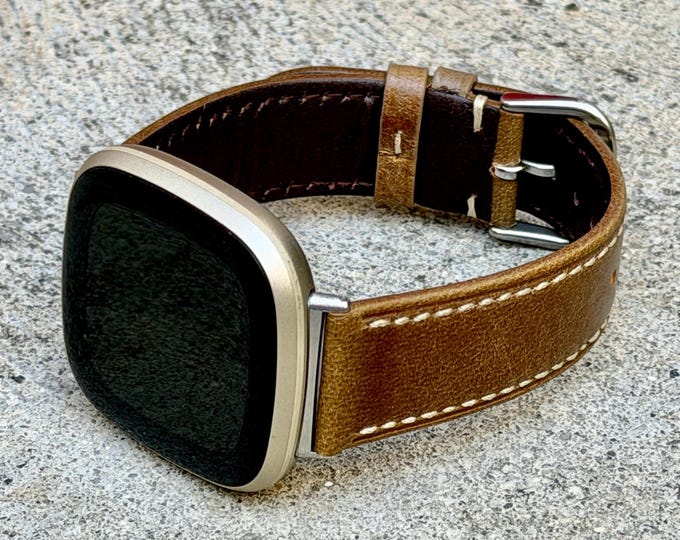 Genuine Rustic Leather Fitbit Versa 4 Band, 20mm Stitched Strap with Silver Hardware