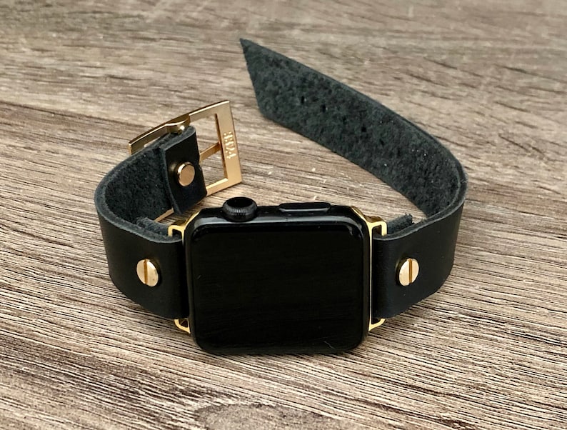 Gold Apple Watch Band 38mm 40mm 42mm 44mm Black Leather - Etsy