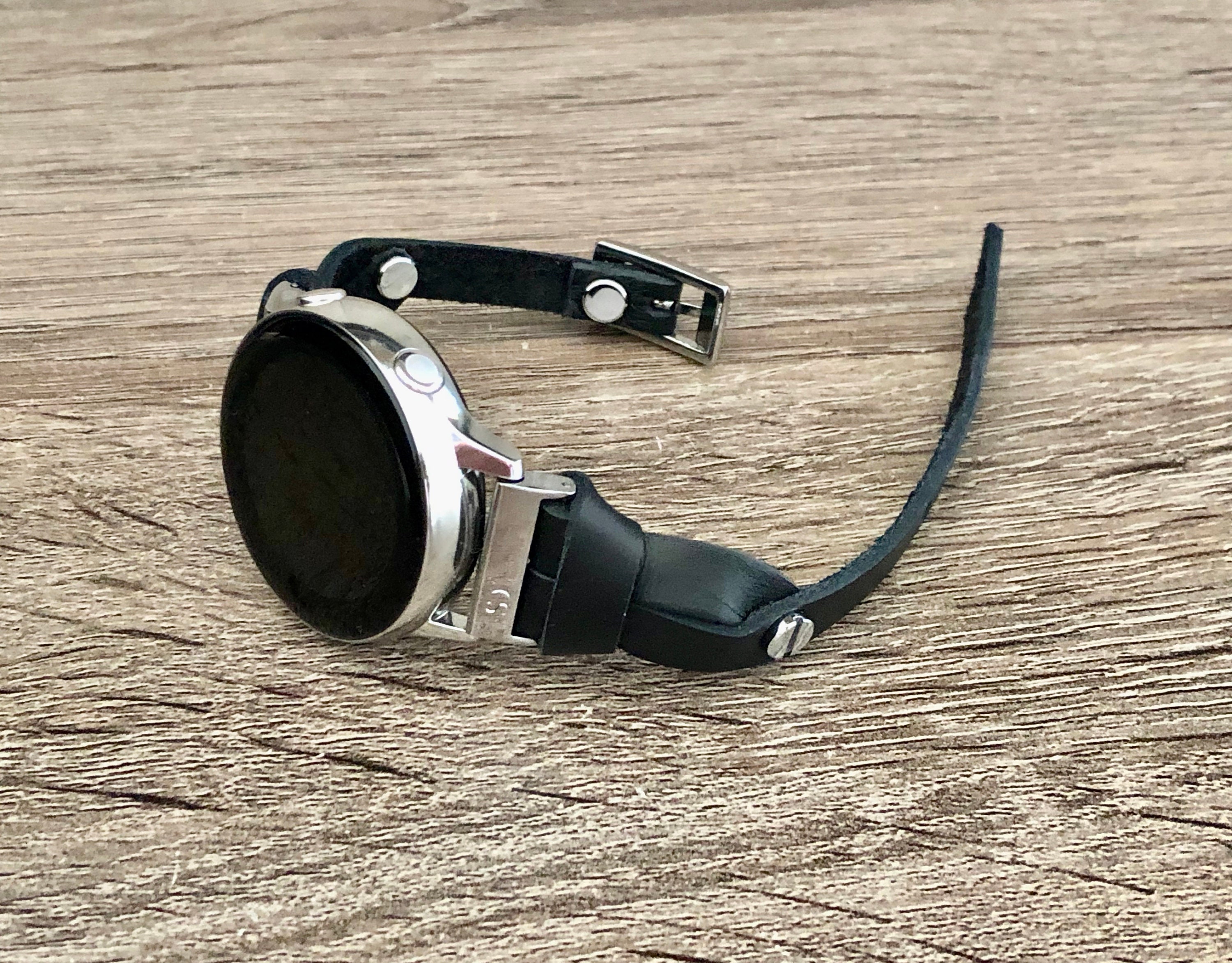 Samsung Galaxy Watch Active 2 Leather Bracelet 40mm 44mm Slim Black & Silver Galaxy Watch Band