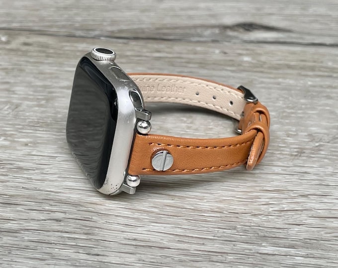 Slim Light Brown Leather Apple Watch Band: Elegant Women's Strap Bracelet