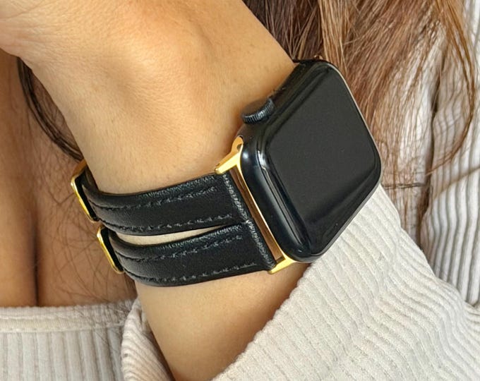 Double Straps Apple Watch Band Black Genuine Leather Cuff, Gold Accents