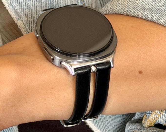 Black Galaxy Watch 8 Watch Band, Leather Double Straps Bracelet, Slim Adjustable Women's Cuff