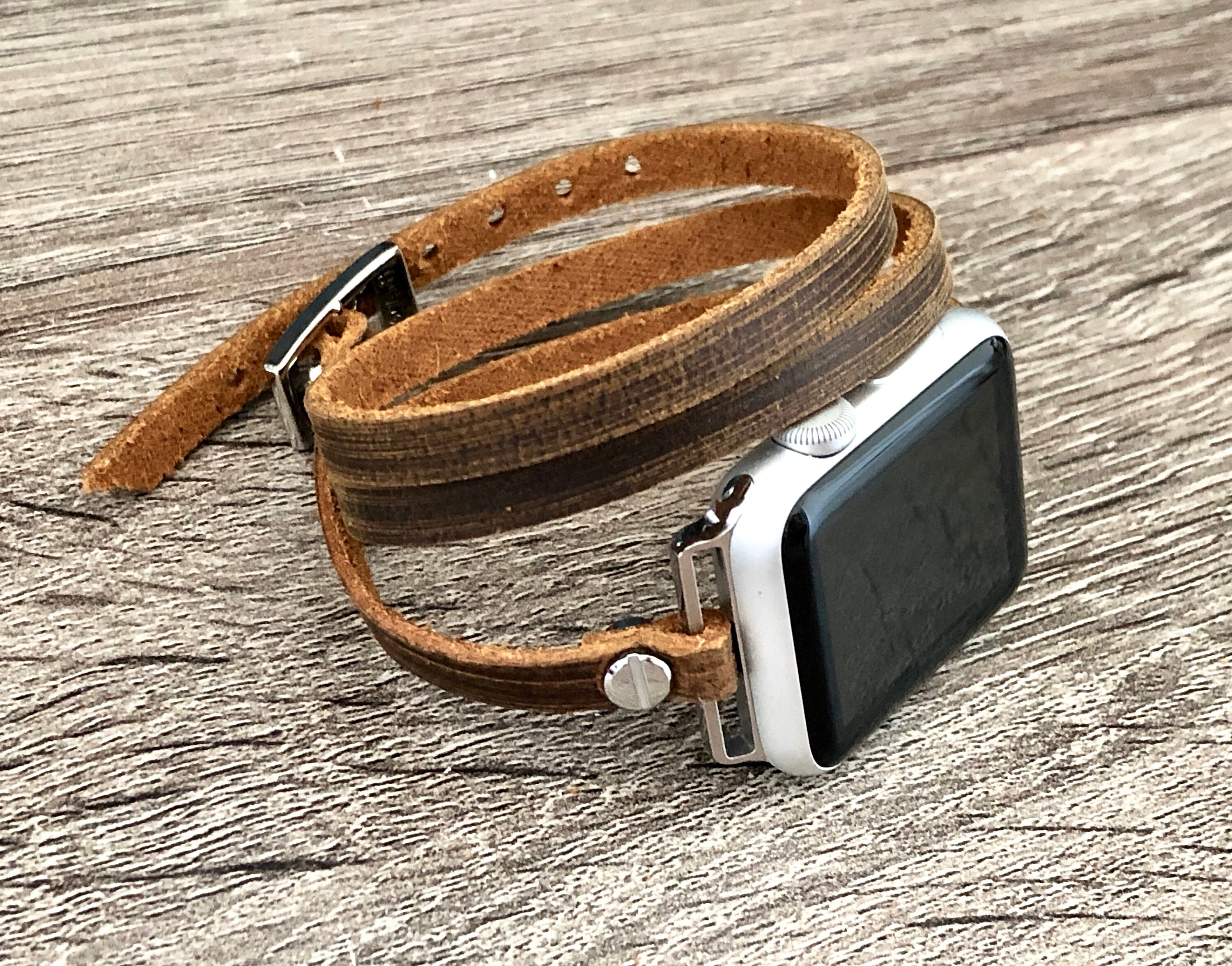 Silver & Vintage Brown Leather Apple Watch Band 38mm 40mm 42mm 44mm