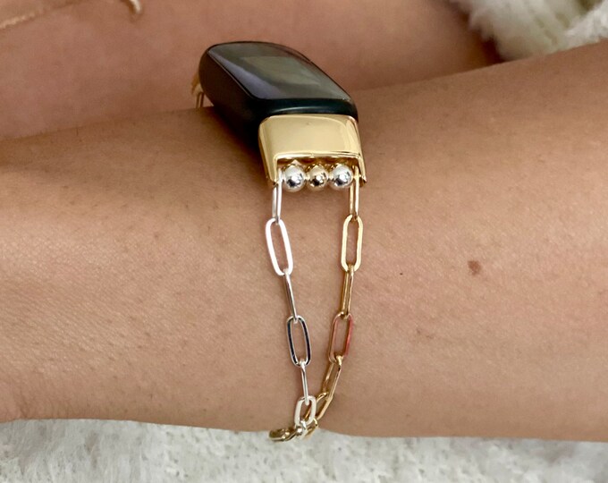Fitbit Luxe Band Two Tone Gold & Silver Paperclip Chain Bracelet, Women Style Jewelry, Accessories
