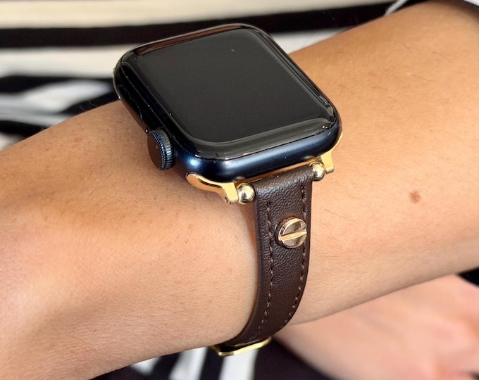 Brown Leather Apple Watch Band Slim Women Strap 42mm 46mm 41mm 45mm Gold Bracelet