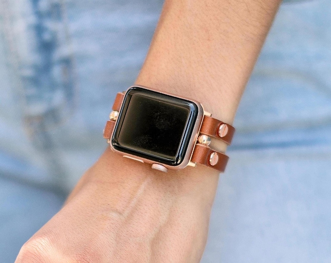 Brown Leather Apple Watch Band Double Smartwatch Strap 46mm 42mm 41mm 40mm 45mm 44mm 38mm Rose Gold Bracelet, Feminine Apple Watch Band