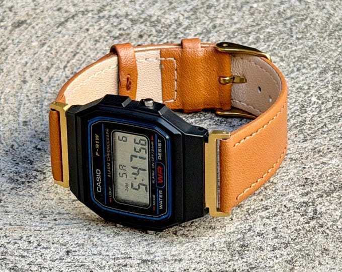Brown Watch Strap for Casio F91W-1, Genuine Leather Watch Band, Adjustable Wristband