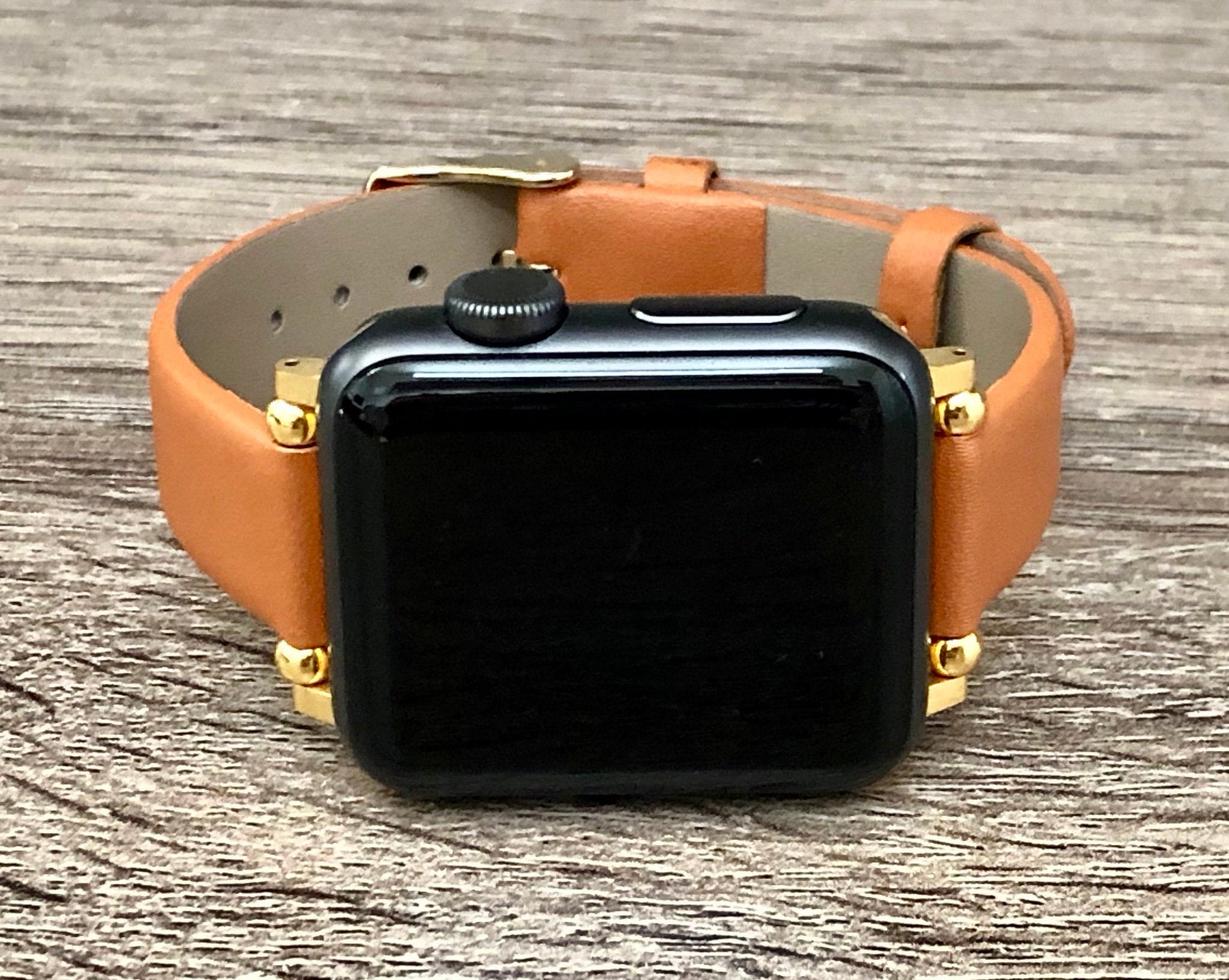 Gold Apple Watch Bracelet 38mm 40mm 42mm 44mm Slim Brown Vegan Leather