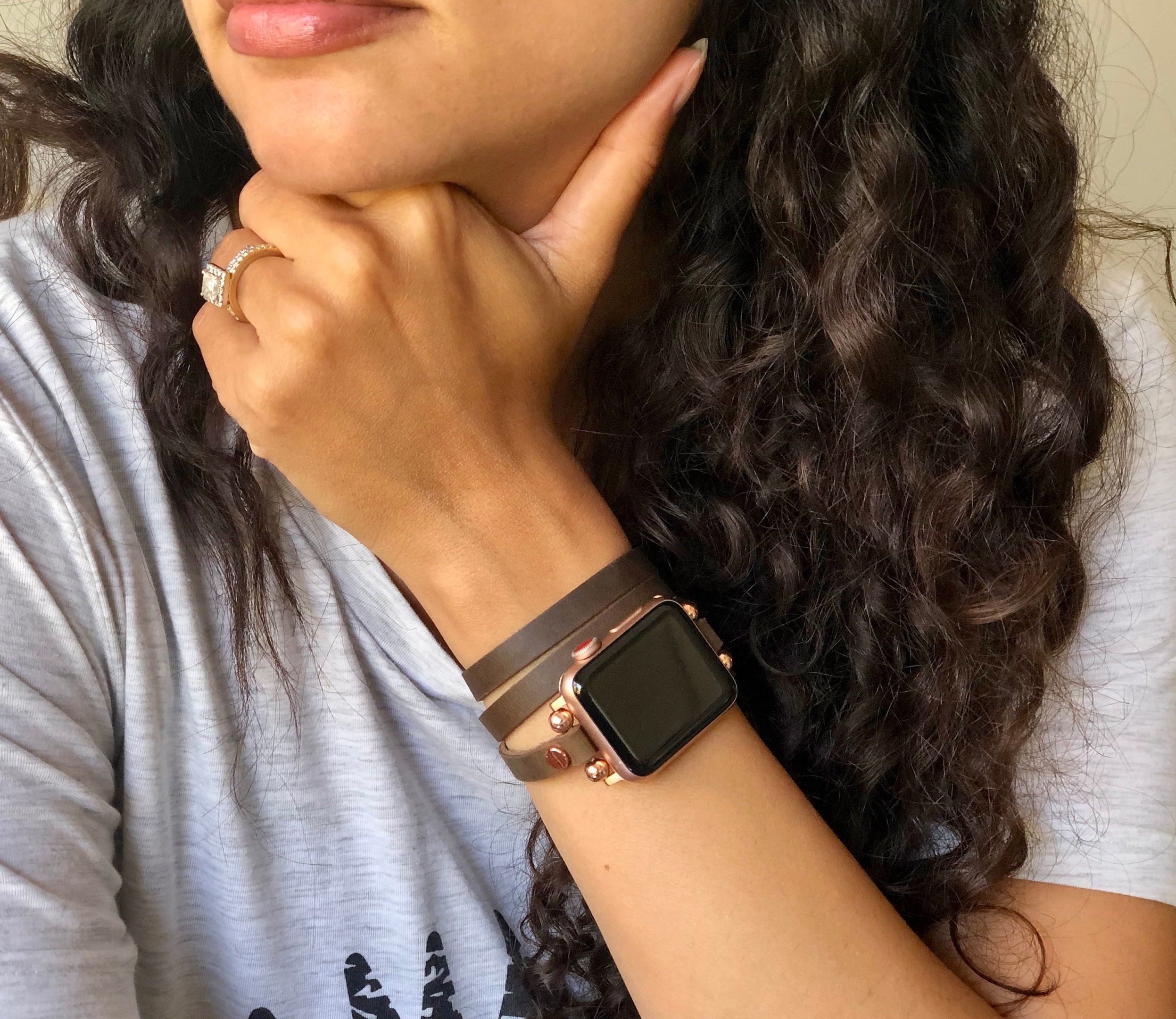 Slim Multi Wrap Apple Watch Leather Bracelet, Rustic Brown Leather