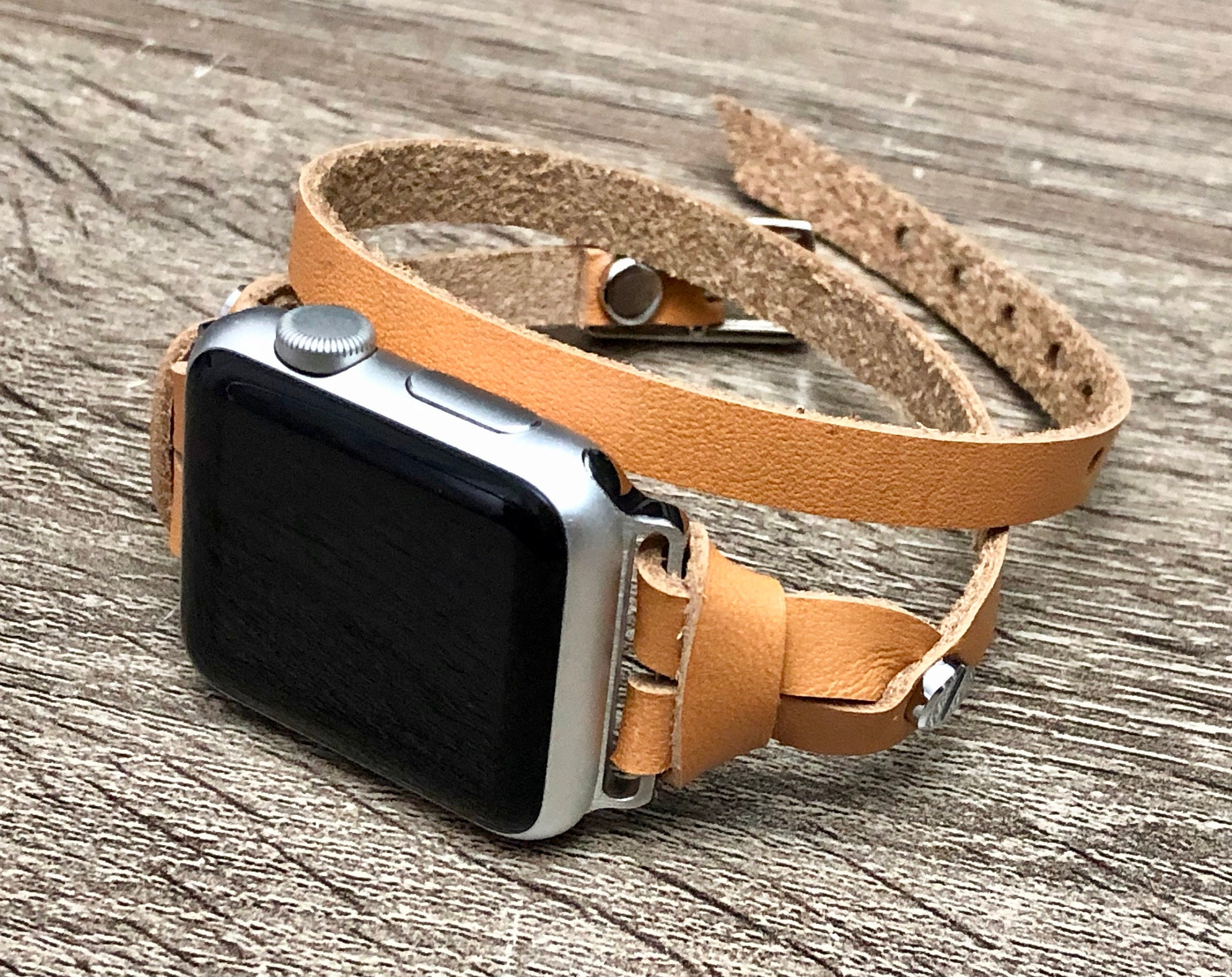 Silver Apple Watch Band 38 40 41 42 44 45 Leather Apple Watch Strap Women iWatch Bracelet Double